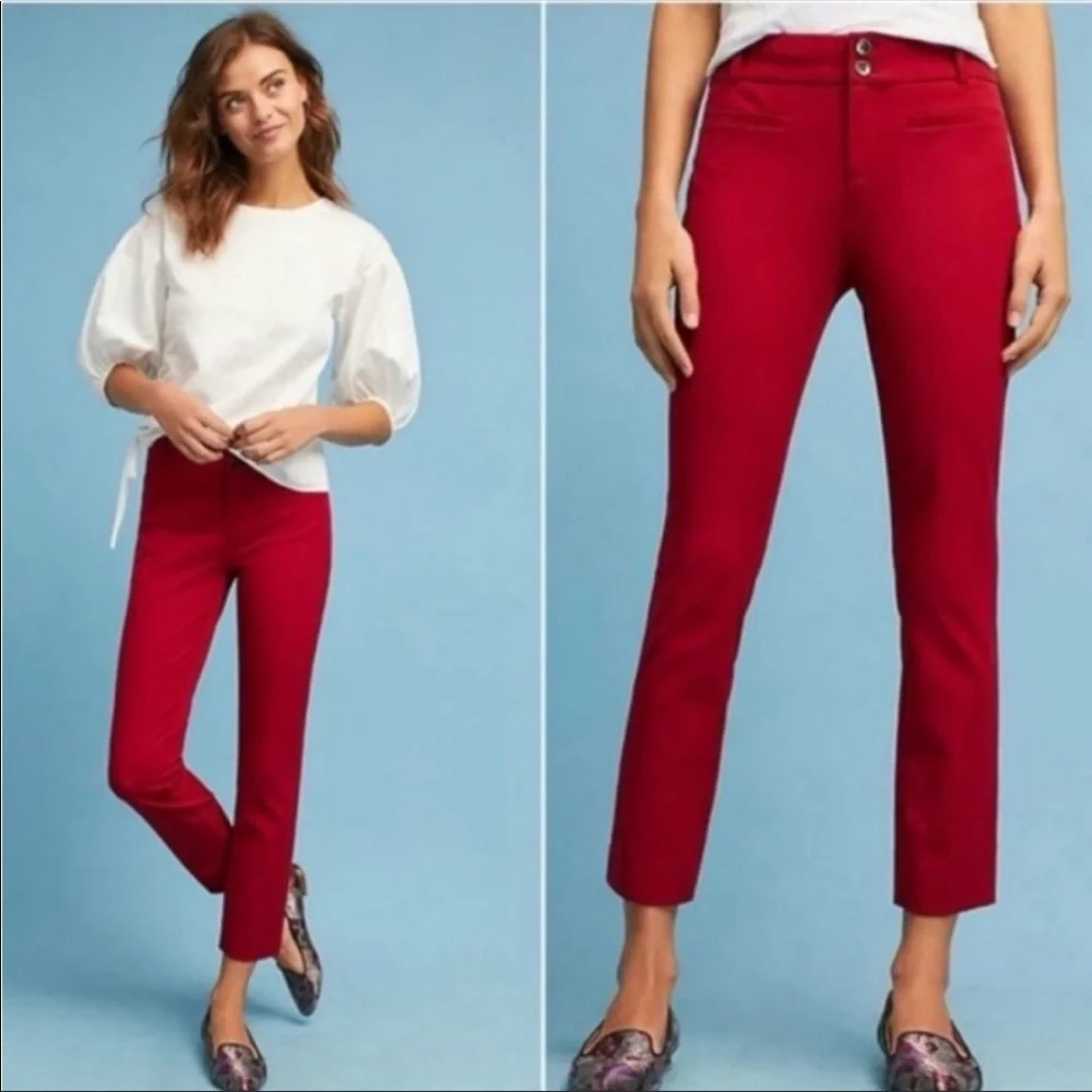 NWT Anthropologie Dark Red Essential Slim Trousers Cropped Pants Sz 6 - Picture 1 of 9
